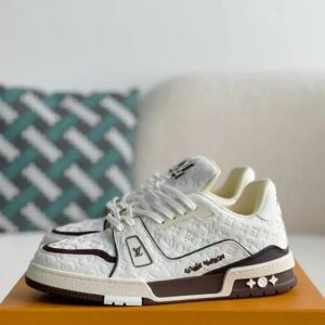Step Into Clean Luxury: Louis Vuitton White Trainer with Brown Accents  