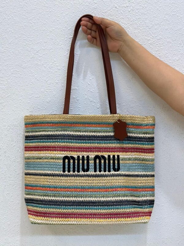 Miu Miu Striped Rafia Tote Bag - Image 5